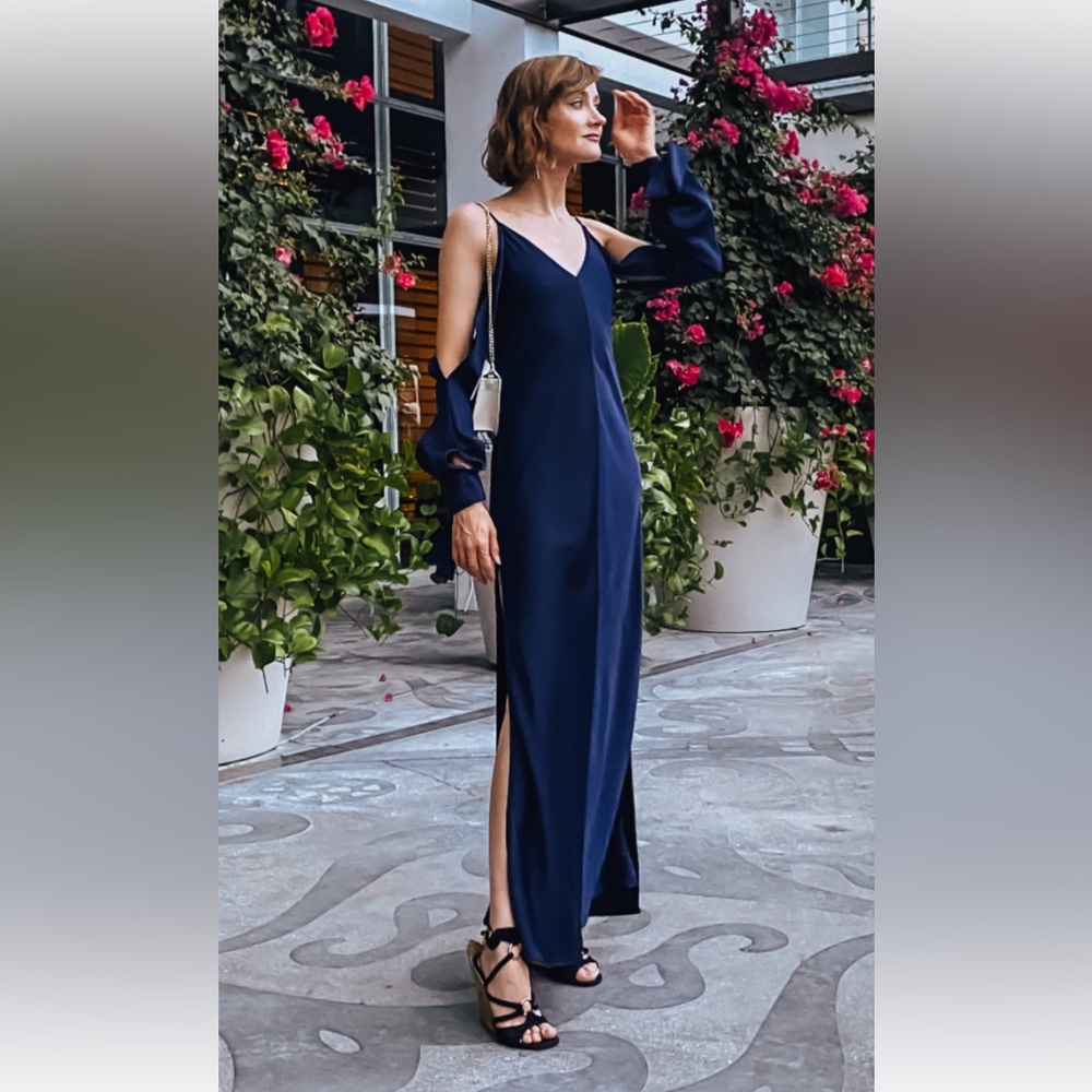 Juan Carlos Obando Satin Elegant Navy Blue Women's Dress